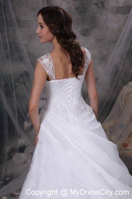 Square Train Satin and Organza Embriodery Decorated Wedding Dress